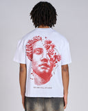 T-SHIRT IN JERSEY CON STAMPA STATUA CON ROSE SUL RETRO